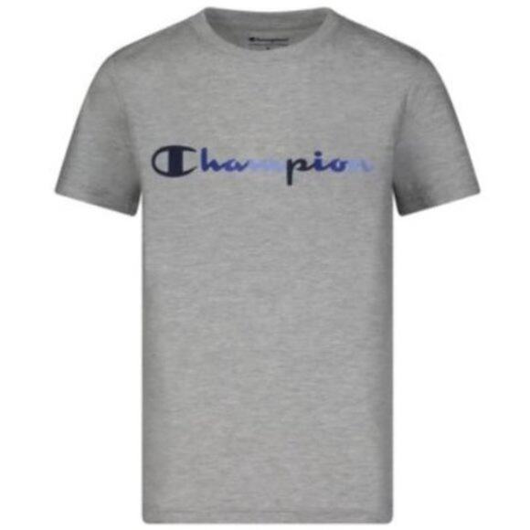 Champion Boys Grey Crew Neck Short Sleeve Blue Script Logo T-Shirt Tee, Size 7 - Picture 1 of 6